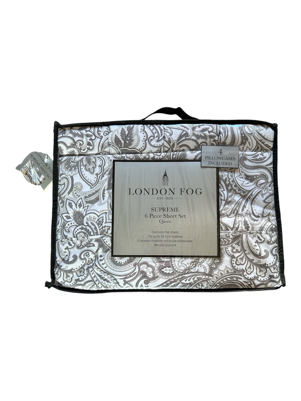 NEW London Fog 6 Piece Queen Paisley Sheet Set in White and Gray